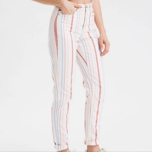 American Eagle Outfitters White Striped Straight Leg mom Jeans - Picture 4 of 12